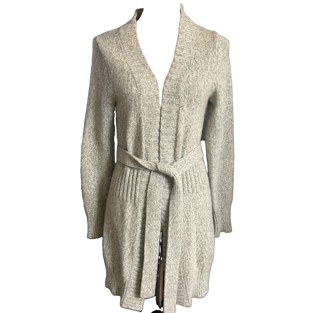 Old Navy Womens L Lambs Wool Angora  Knit Gray Tie Open Cardigan Sweater